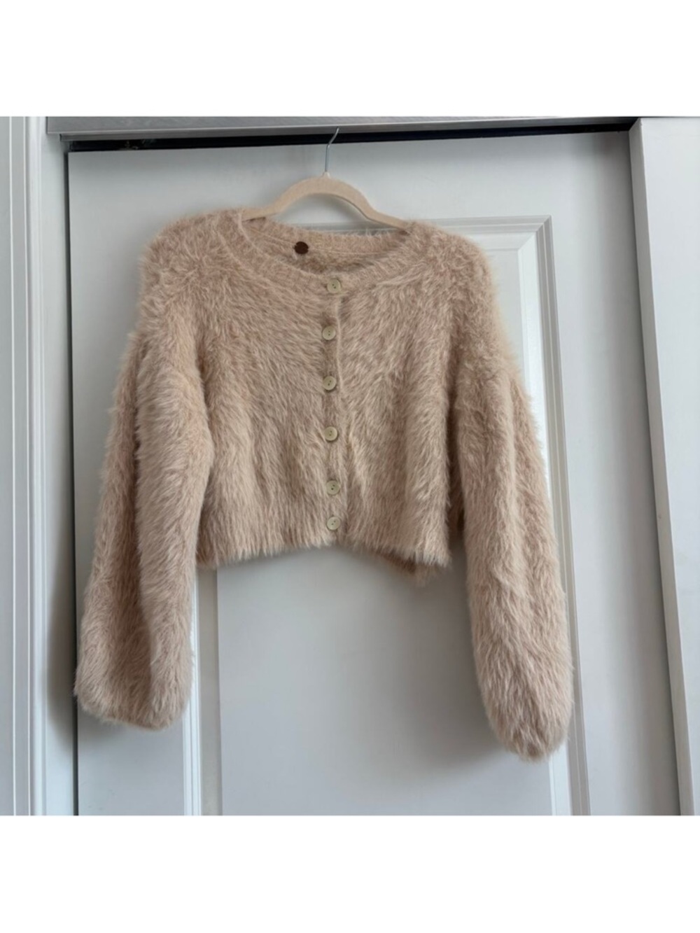 Free People Cropped Eylash Fuzzy Button-Up Cardigan Sweater in Light Beige XS S